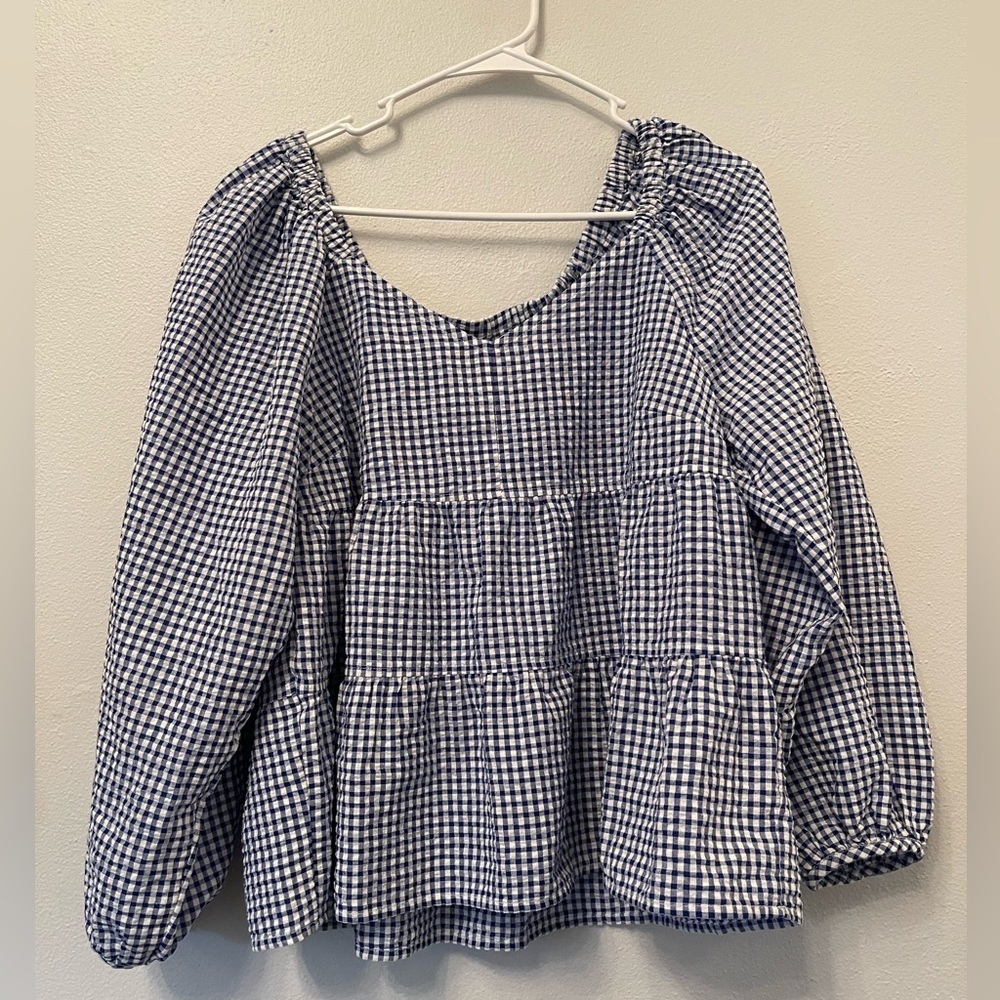 GAP blue white oversized flowy gingham checkered balloon sleeve cotton blouse